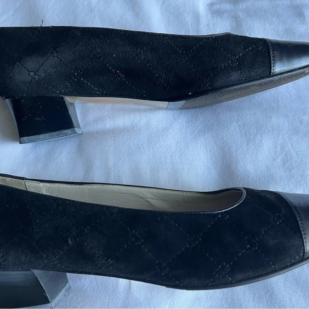 VTG Bally Black Suede Smooth Leather Combo Campanula Cap toe Pump Low Heel Sz 37 - Picture 8 of 13
